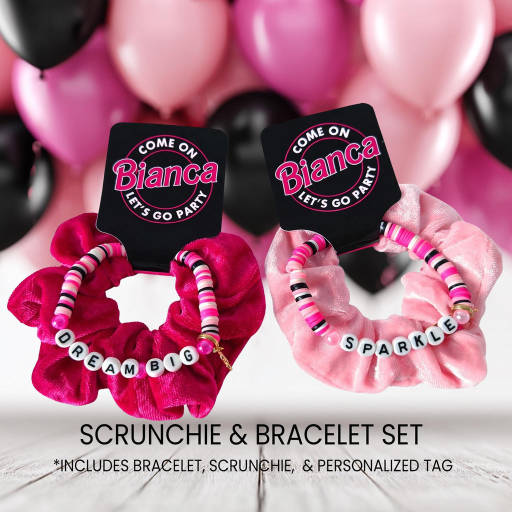 Let's Go Party Scrunchie & Bracelet Set | Personalized Birthday Party Favor | Doll Inspired Favors