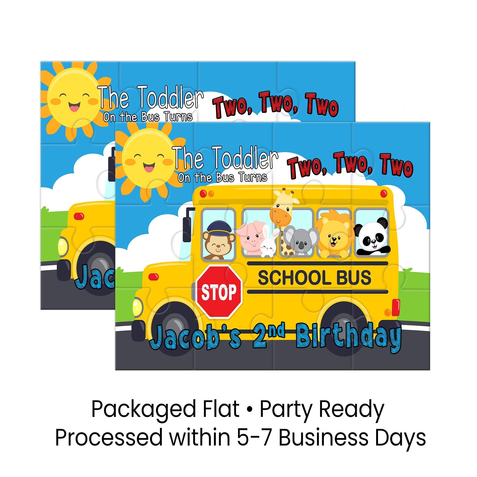 The Toddler On The Bus Turns 2 | Personalized Kids Puzzle Party Favor | 12-Piece Mini Puzzle | Second Birthday